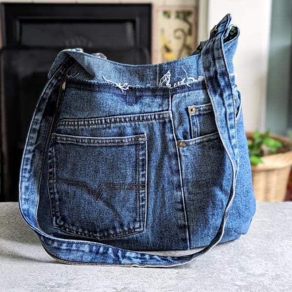 Denim Bag Jeans Bag with Flower Print Lining