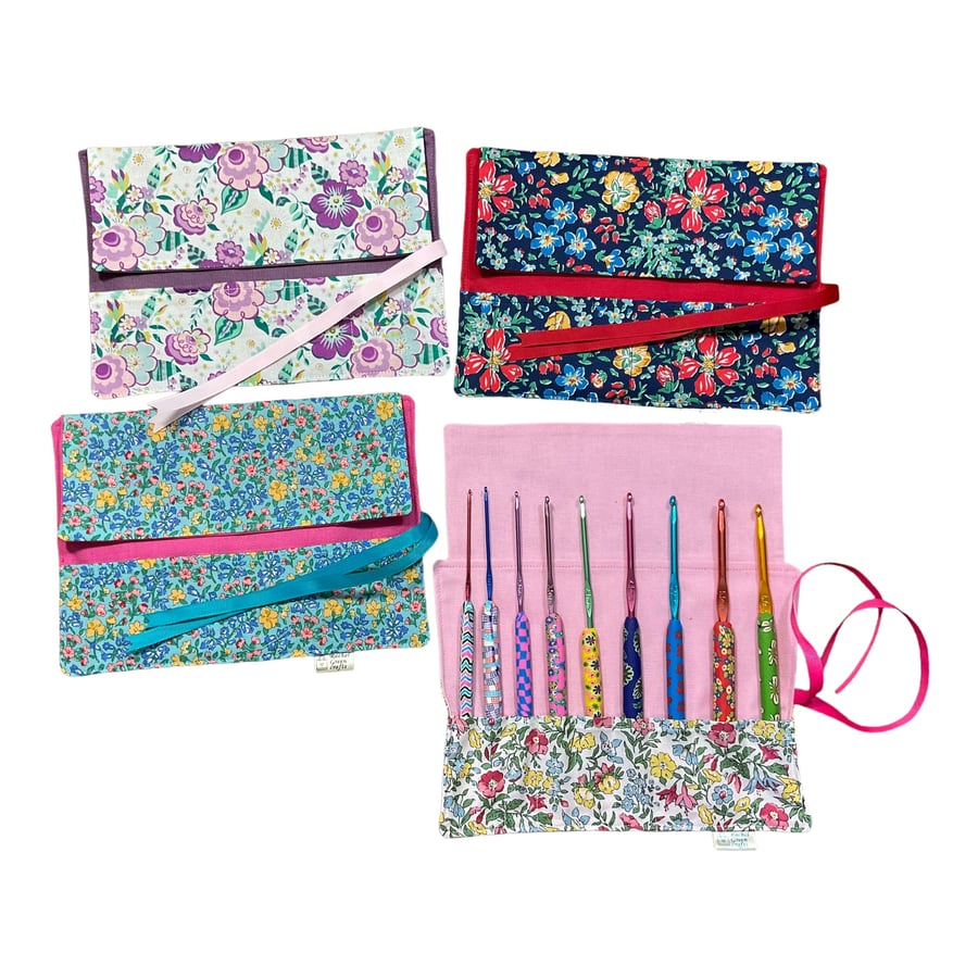 Crochet hook set in case with colourful floral handles, Liberty fabric easy grip