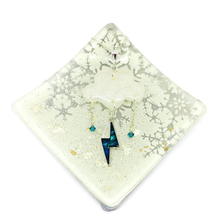 Rain cloud and lightning bolt necklace with paua shell.