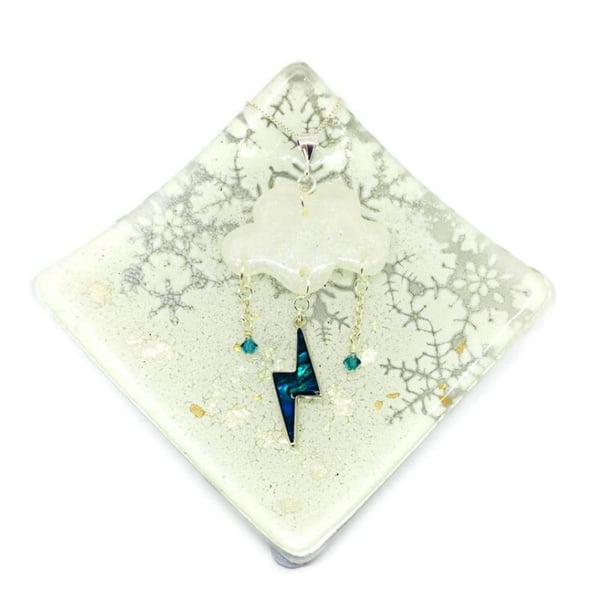 Rain cloud and lightning bolt necklace with paua shell.