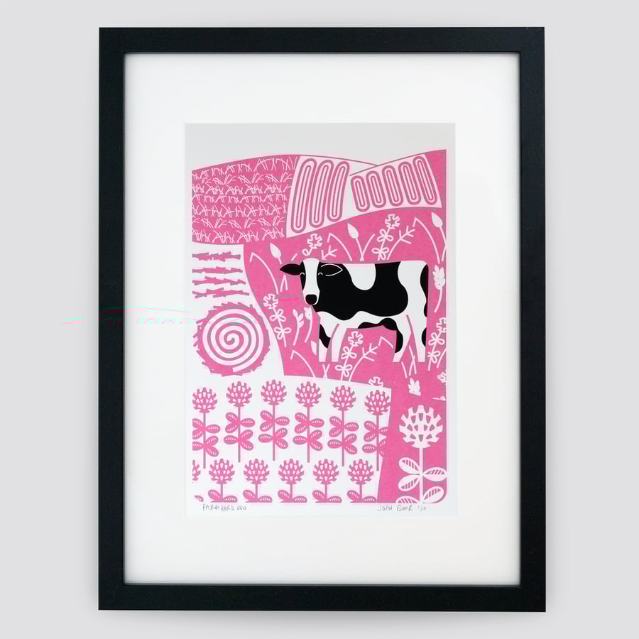 Farmyard Cow hand pulled screen print framed
