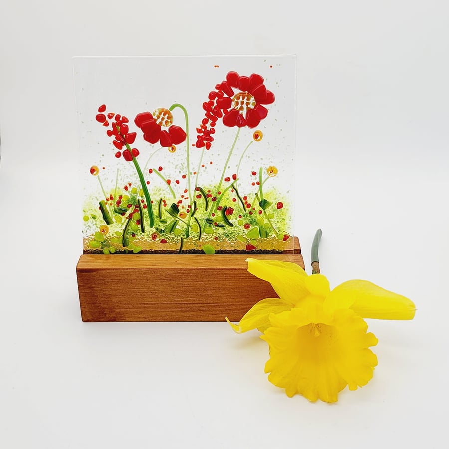 Fused Glass Meadow on a Wooden Stand