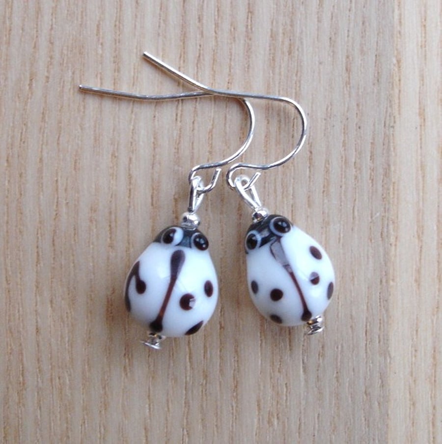 White Lampwork Glass Ladybug Earrings