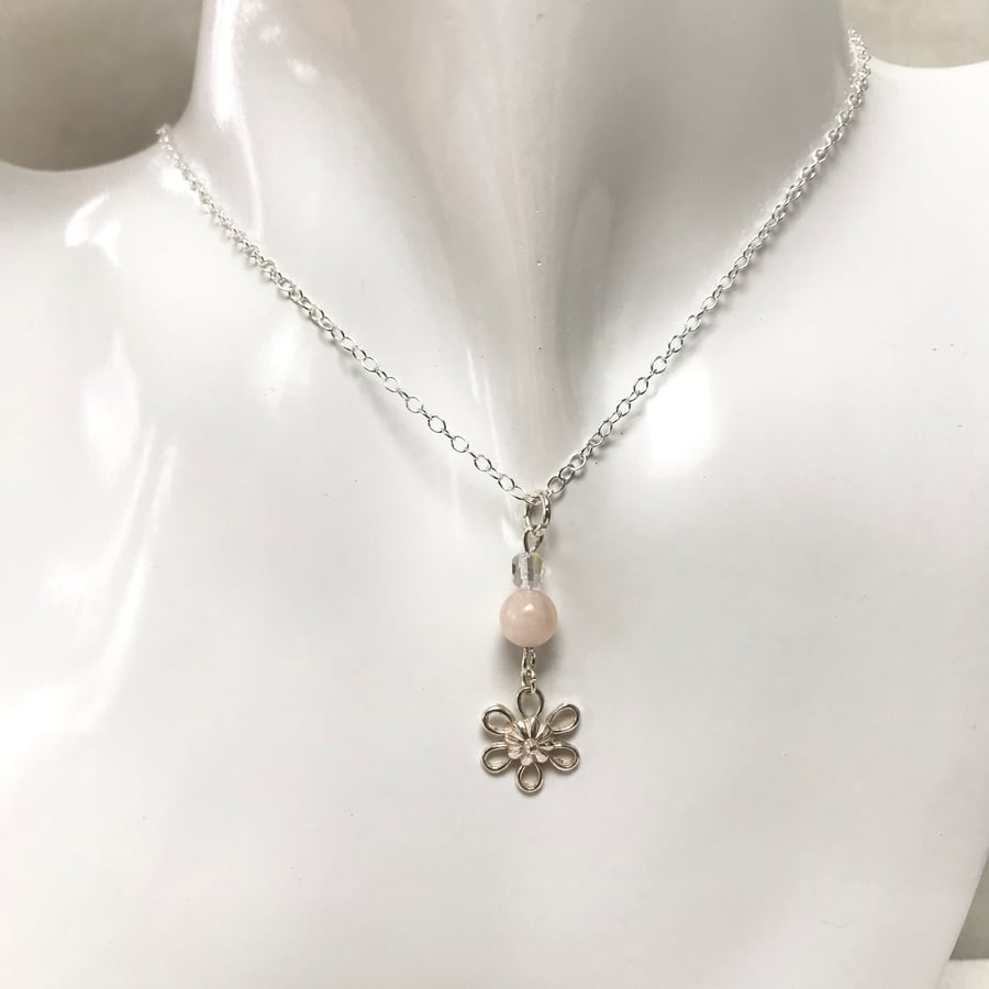 Sterling silver flower charm necklace with sterling silver chain and gemstone 