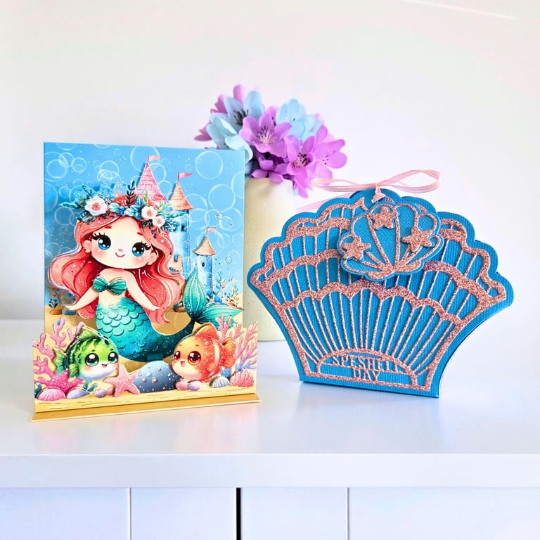 Small 3D decoupaged pop-up stepper mermaid card & matching shell gift box