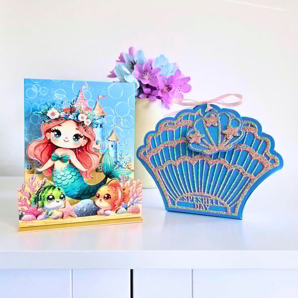 Small 3D decoupaged pop-up stepper mermaid card & matching shell gift box