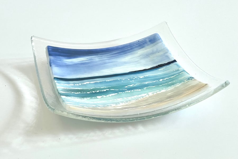 Hand painted enamel fused glass seascape dish