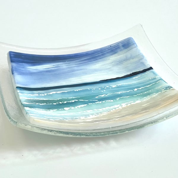 Hand painted enamel fused glass seascape dish