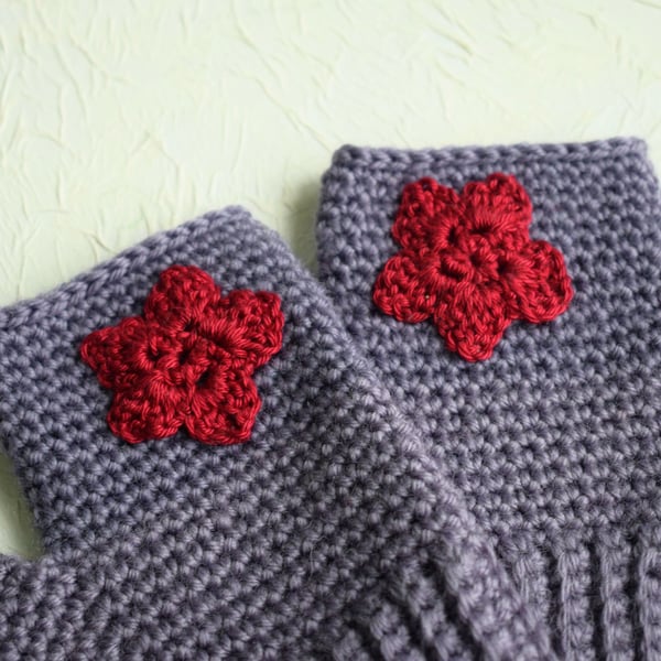 Lavender Grey Fingerless Gloves with Flower, Wool Gloves for Women