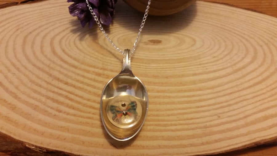 Silver Plated Upcycled Spoon Necklace with Butterfly Button