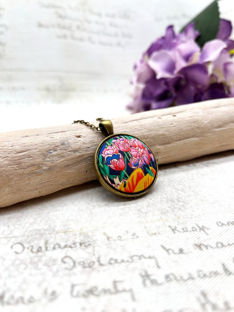 Pink tulips Liberty floral fabric button small pendant garden gifts floral gifts