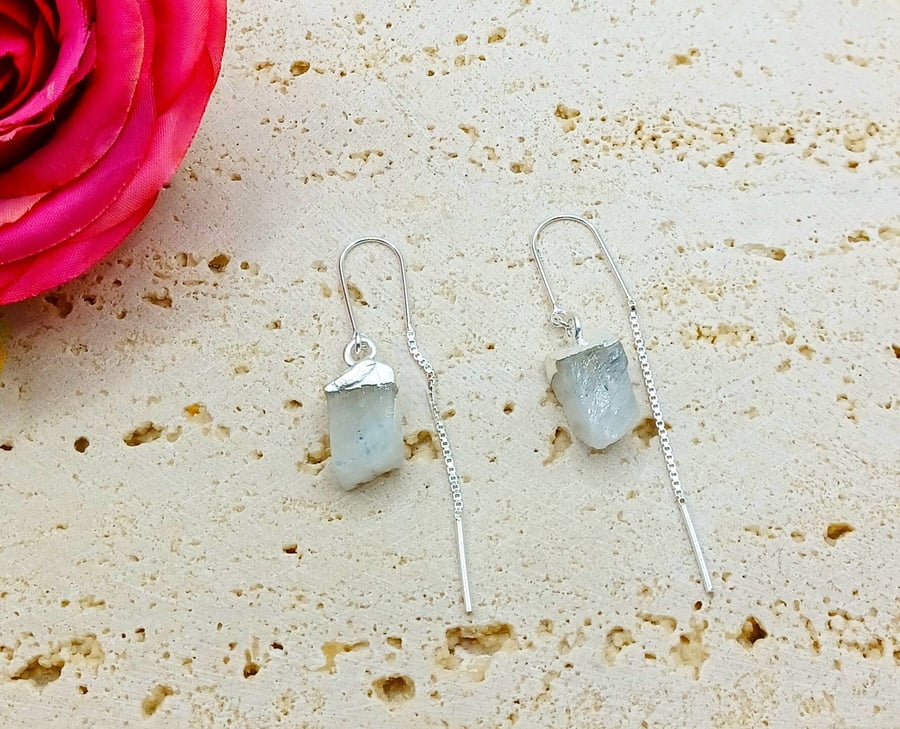 Moonstone Threader Earrings, Sterling Silver Earrings, Statement Earrings, June 