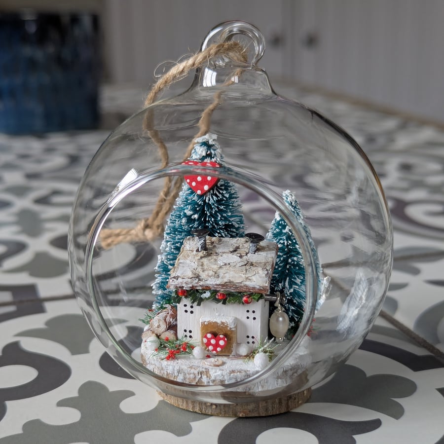 Glass Bauble Christmas Decoration with Cottage Scene
