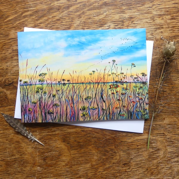 Sunset Fen Landscape  Greeting Card from Original Oil Painting