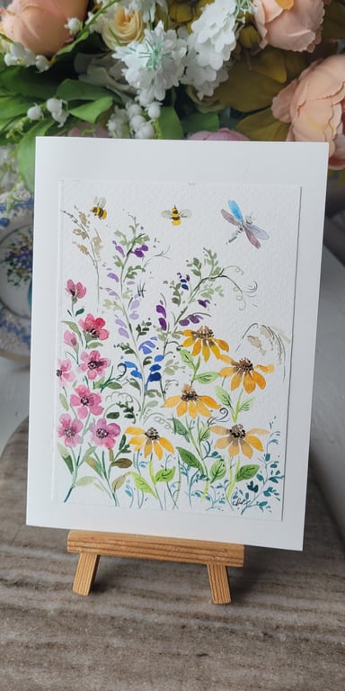 Original watercolor greeting card, summer wild flowers, special occasion, Unique