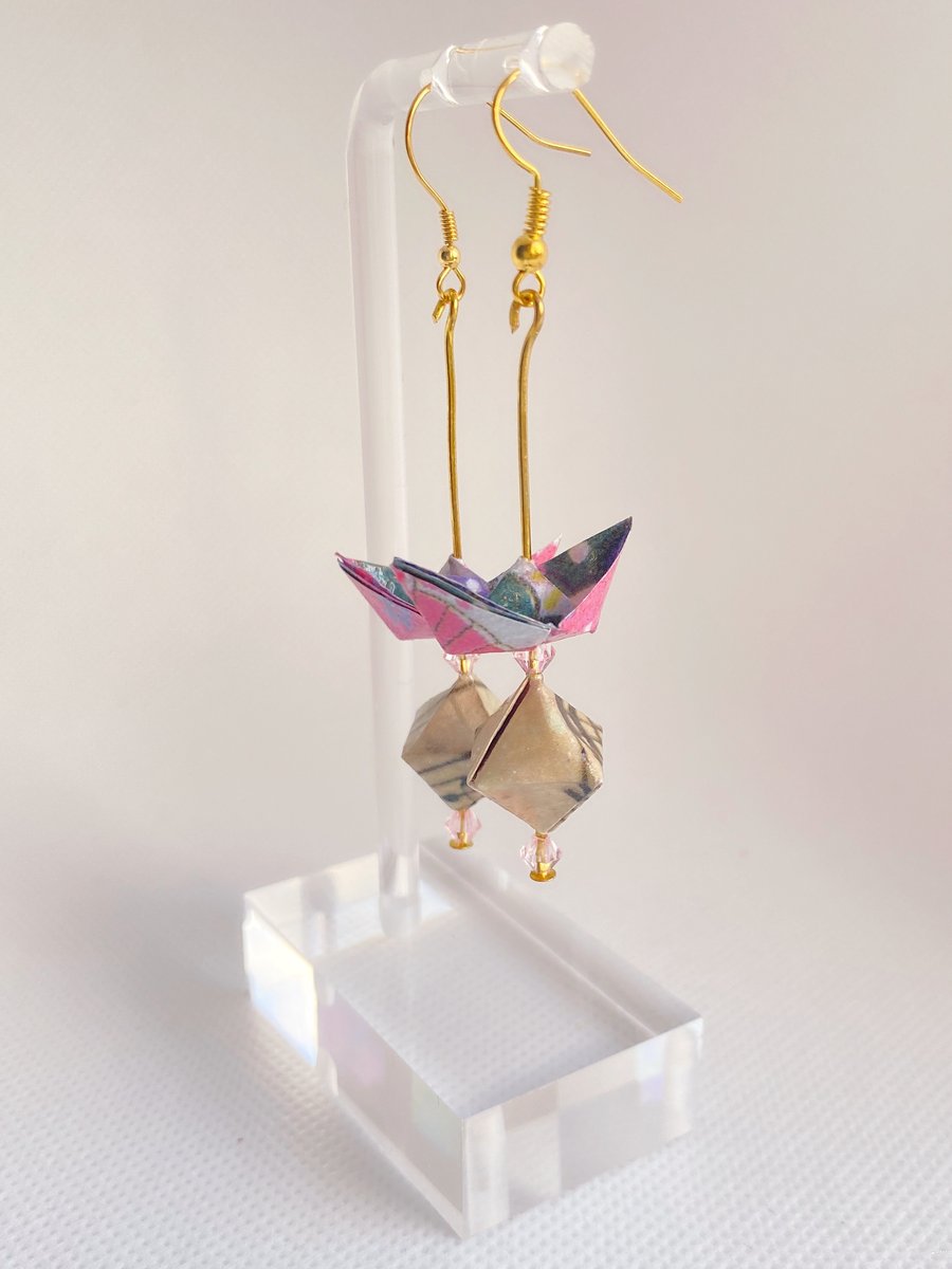Paper Boat with Diamond Earrings, Origami Earrings, Earrings with Bead