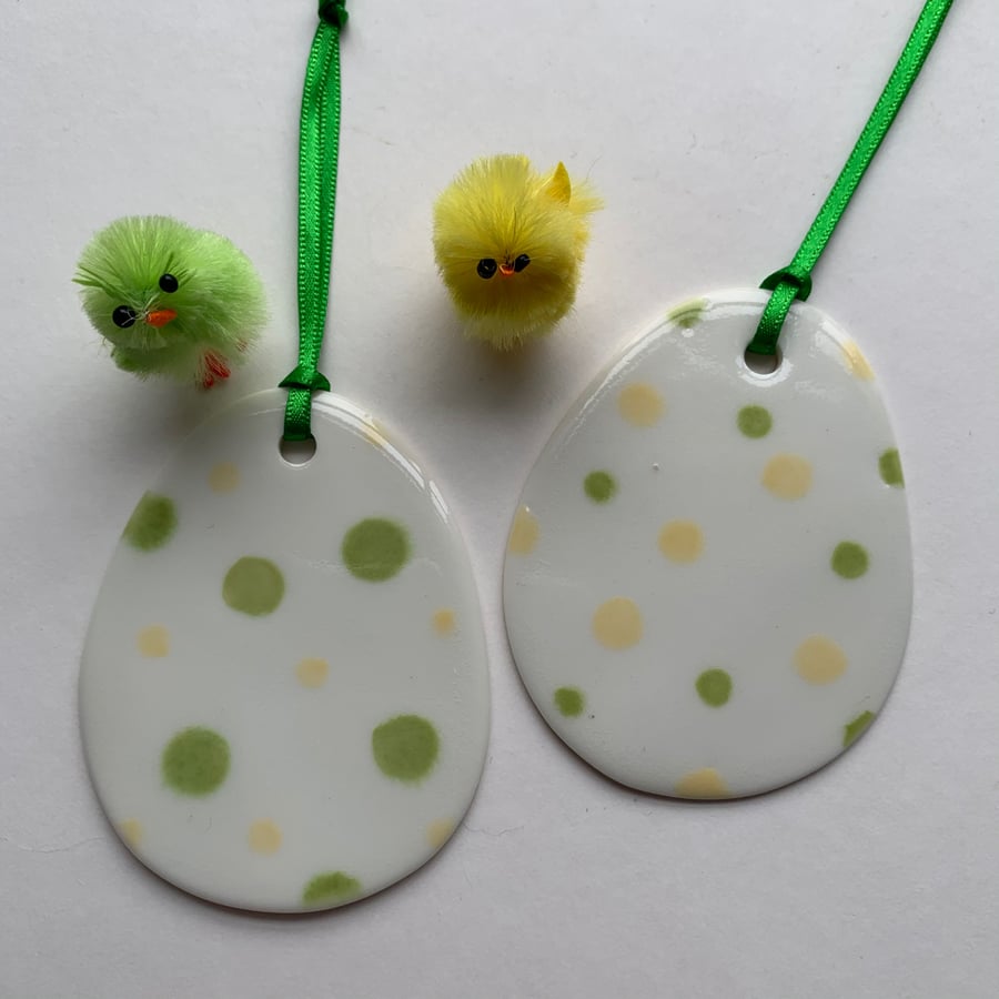 Small Easter Egg Porcelain Hanging Decoration - White with Green & Yellow dots