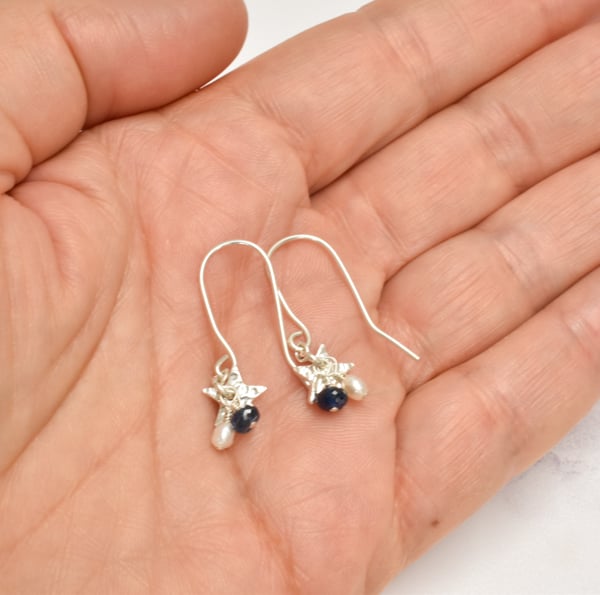Tiny Star with Blue Sapphire and White Seed Pearl Cluster Earrings