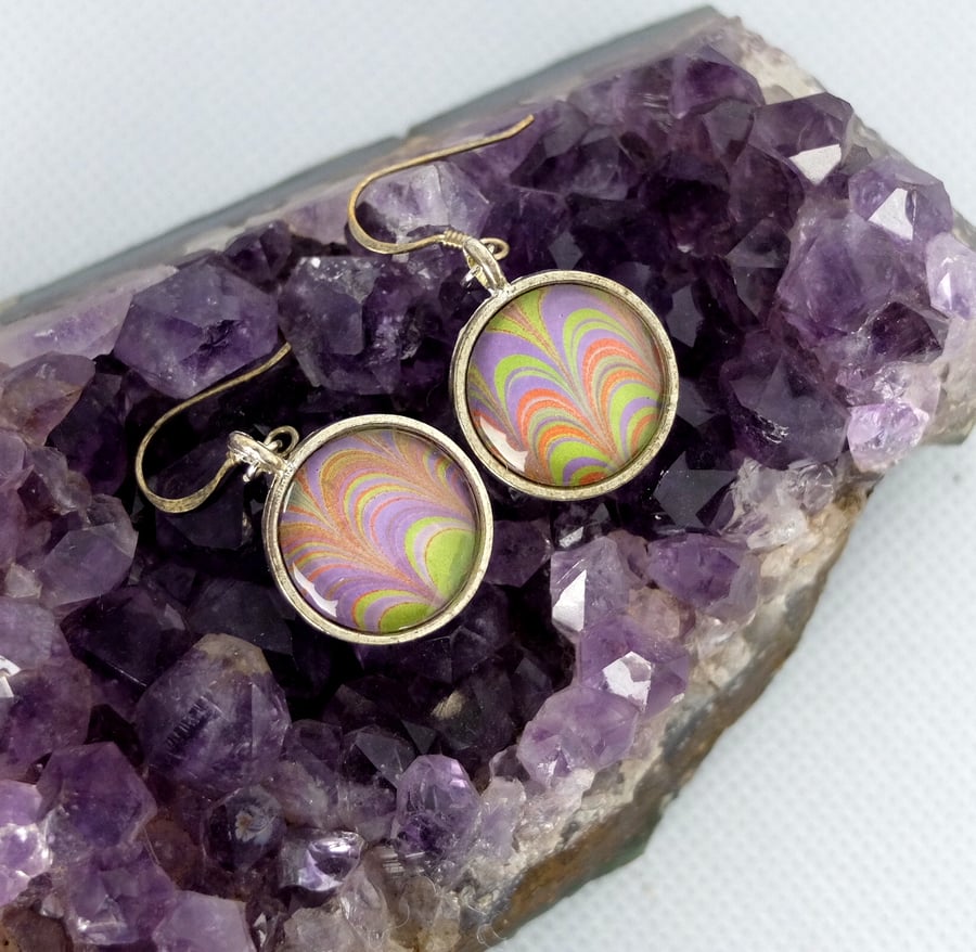 Purple copper and green marbled paper glass cabochon drop dangle earrings 