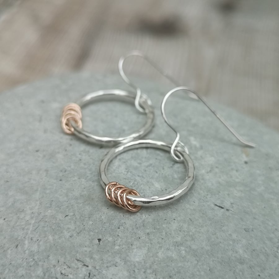 Sterling Silver and 9ct Rose Gold Hammered Circle Earring
