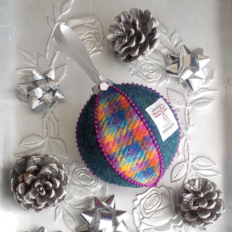 Harris tweed bauble Christmas tree decoration teal and multicolour ornament