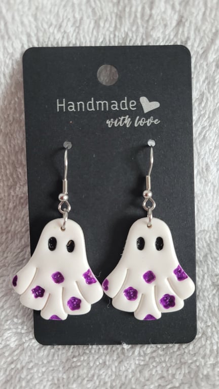 Halloween Ghost (Purple) Polymer Clay Earrings. 316 Surgical Stainless Steel
