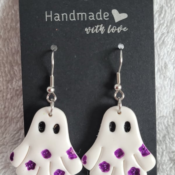 Halloween Ghost (Purple) Polymer Clay Earrings. 316 Surgical Stainless Steel