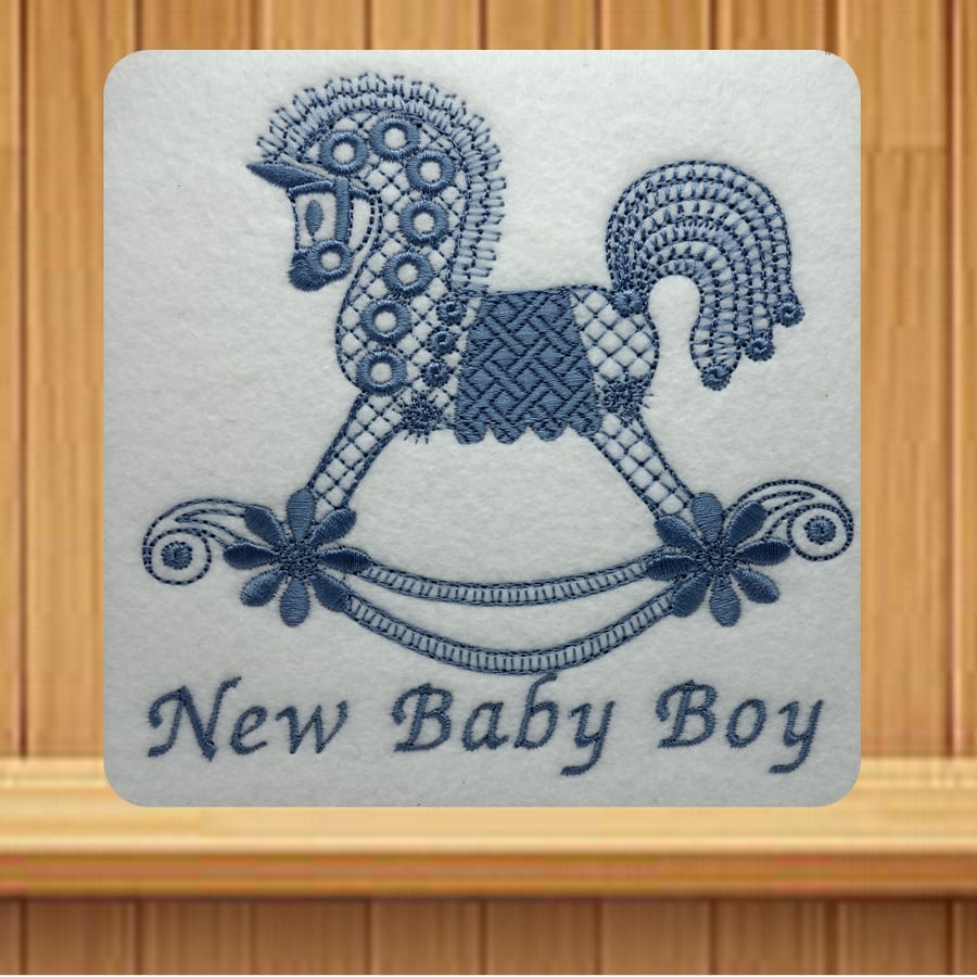 Handmade New Baby Boy greetings card embroidered design 