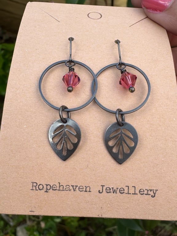 Vintage Hoop and Leaf Earrings with Pink Crystals Handmade in Cornwall