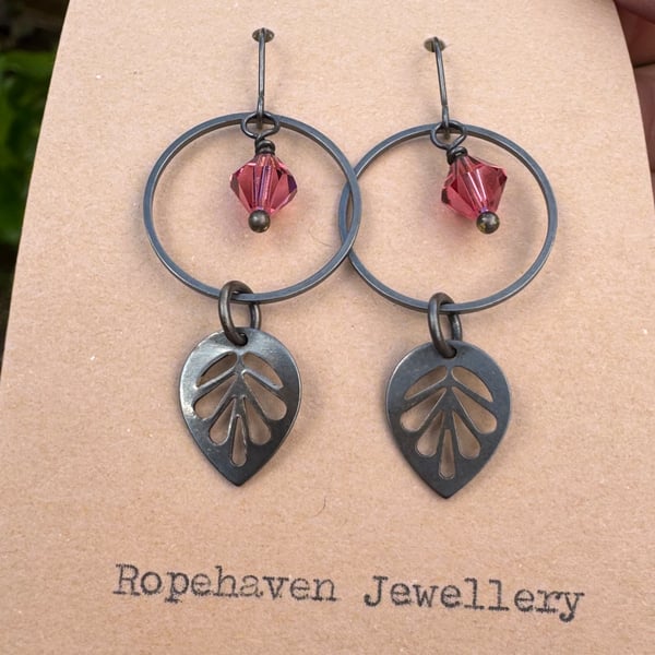 Vintage Hoop and Leaf Earrings with Pink Crystals Handmade in Cornwall