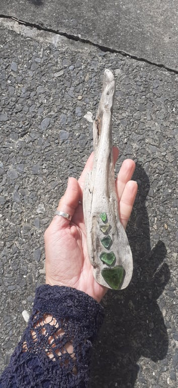 Sea Glass and Driftwood Suncatcher, Sea Glass Hearts Decor