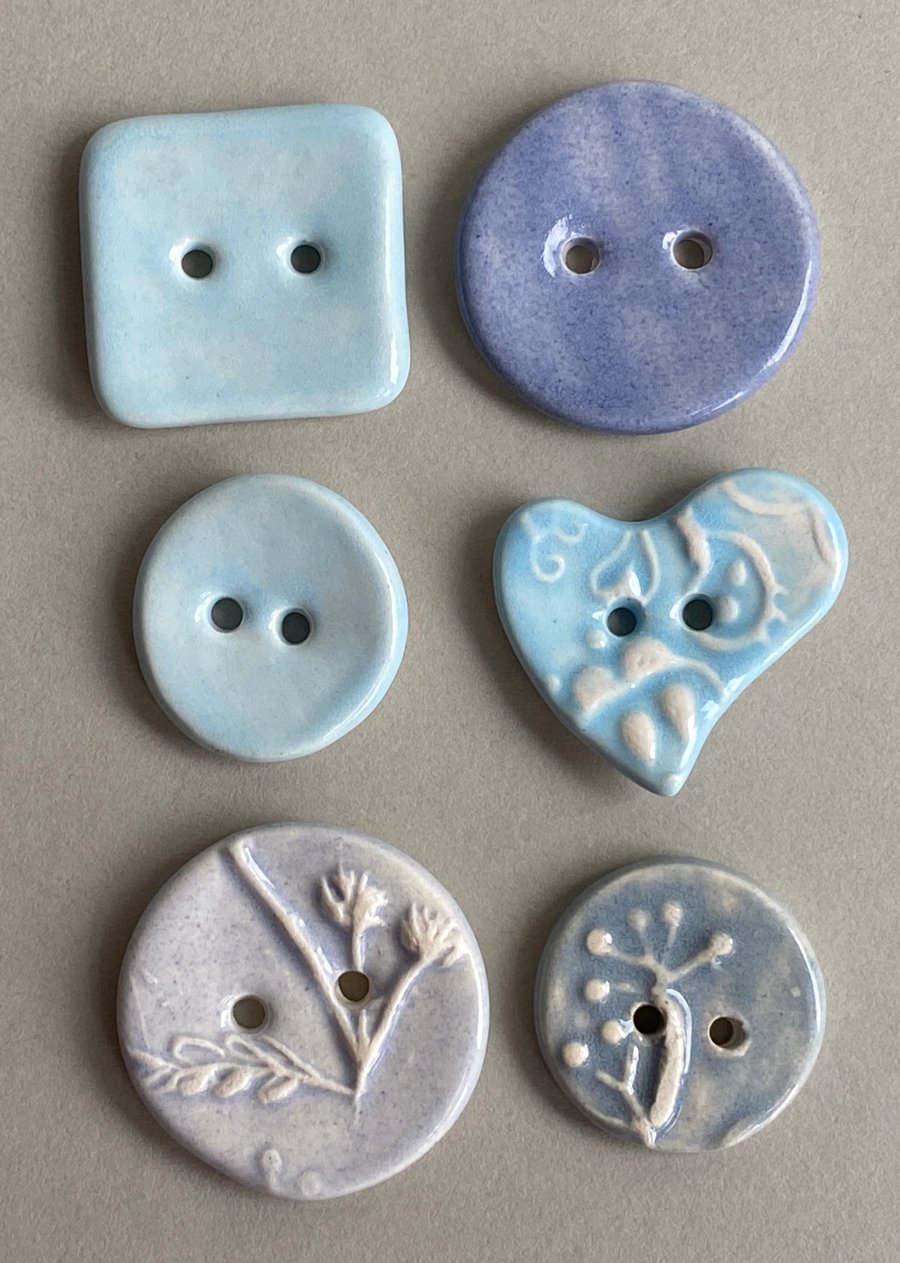 Buttons handmade Mixed set of Six ceramic pastel blue buttons