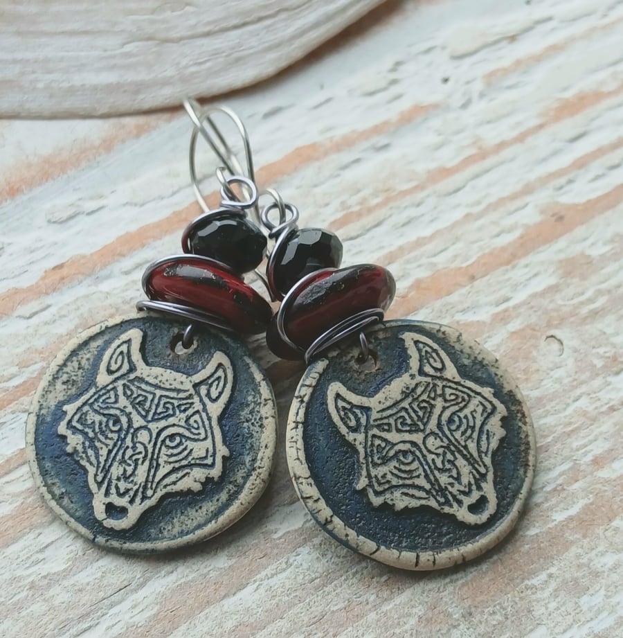 Ceramic Wolf Earrings with Lampwork Beads