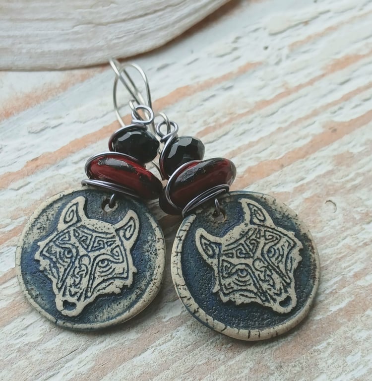Ceramic Wolf Earrings with Lampwork Beads