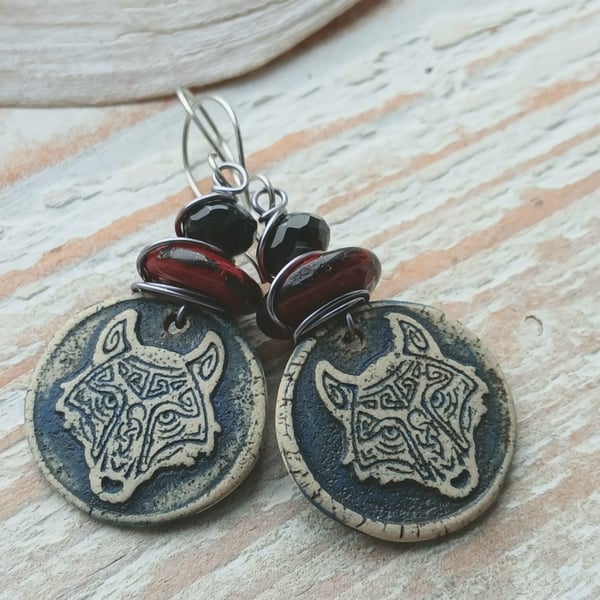 Ceramic Wolf Earrings with Lampwork Beads