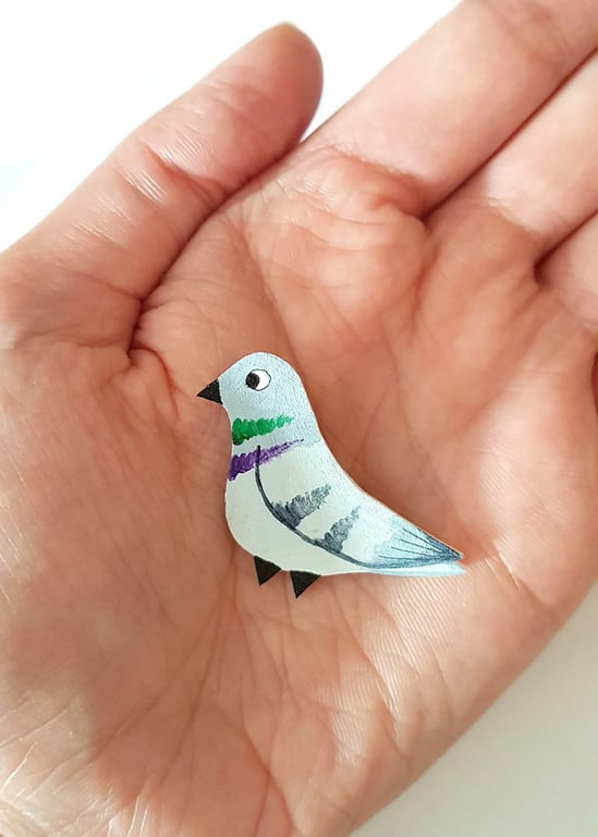 Pigeon Brooch - Handcoloured - Bird Badge