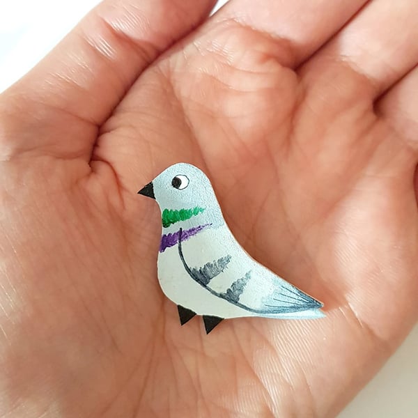 Pigeon Brooch - Handcoloured - Bird Badge