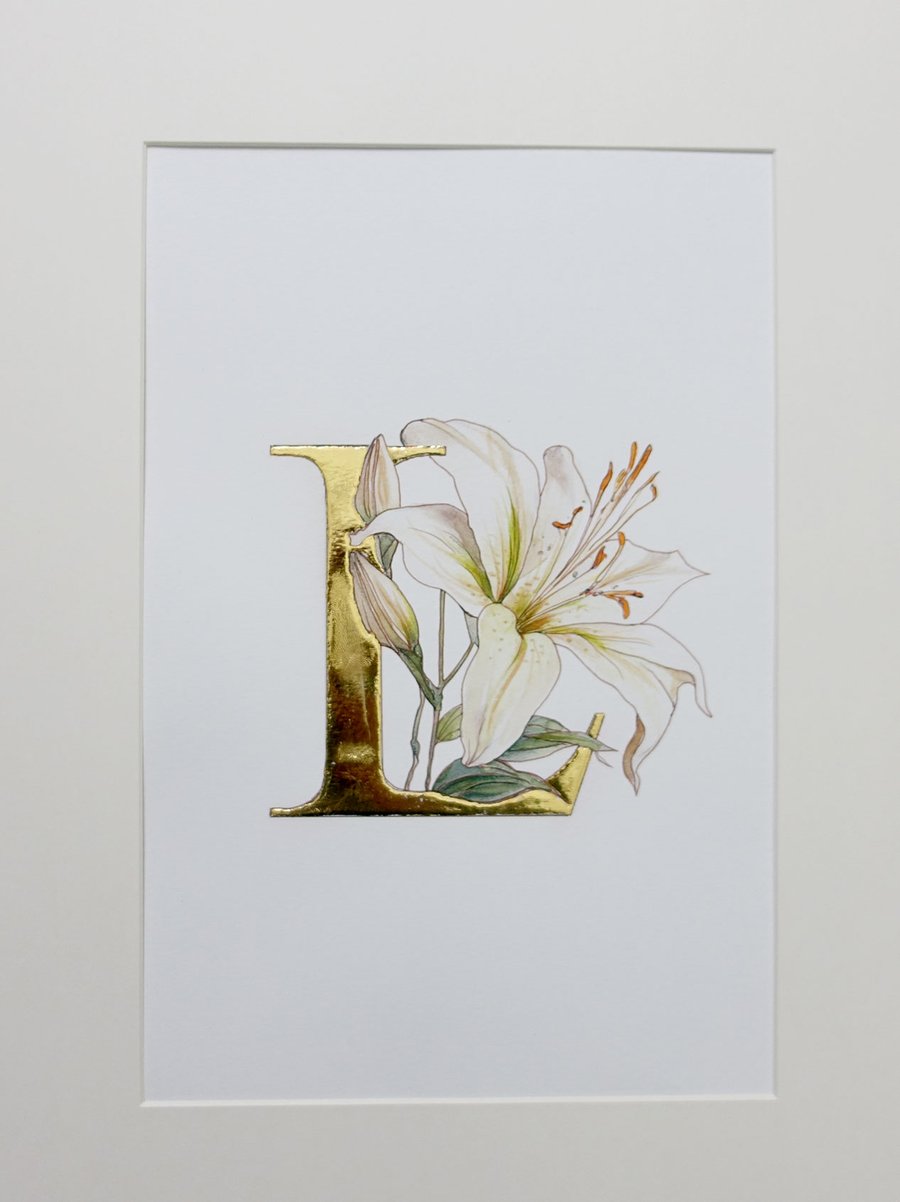 Gold Leaf Letter L entwined with an original water colour of an Oriental Lily