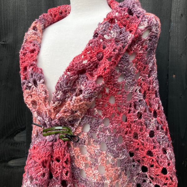 Frothy Waves Red Berries Chevron Lace Rectangular Handmade Shawl Wrap Scarf