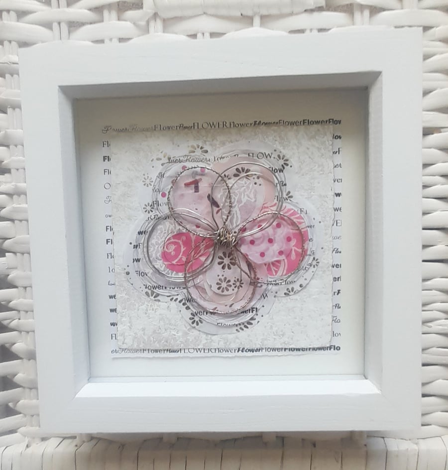A Single Wire Pink Flower. Silver Gold Copper Pink White Artwork. So Pretty!