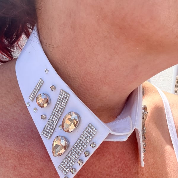 Upcycled White Detachable Collar with Crystal Rhinestones - The Neckcessory 
