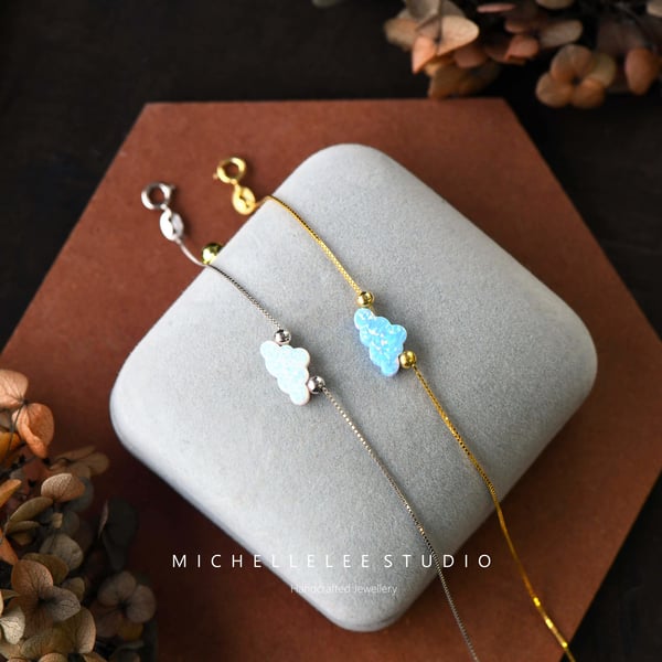 Cloud Opal  Bracelet With 925 Sterling Silver Chain