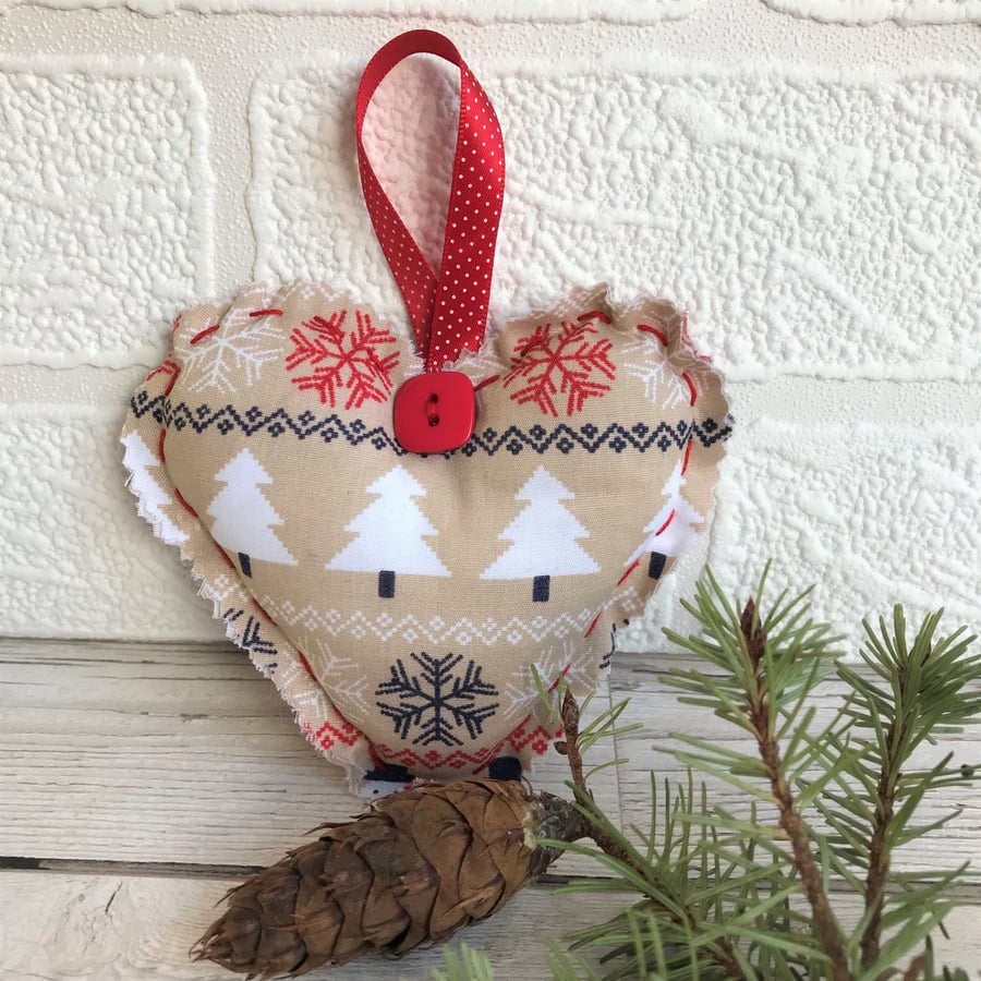 SALE, Christmas decoration, hanging heart in beige and red with Christmas trees