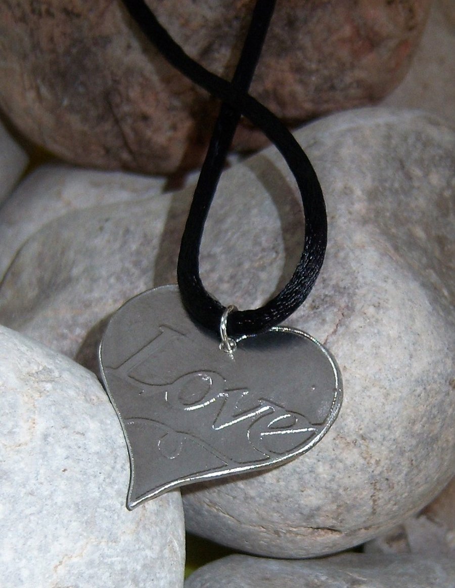 Love heart pendant in etched pewter