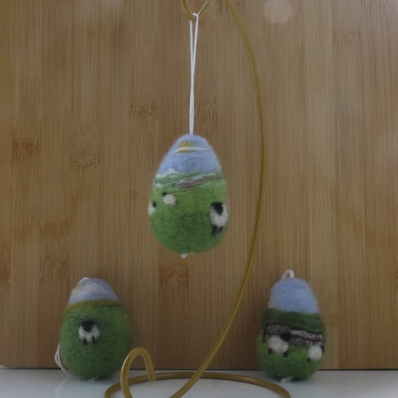 Set of three needle felted landscape easter egg hanging decorations