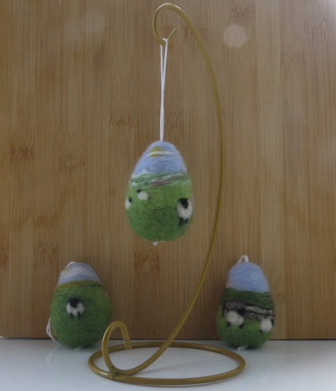 Set of three needle felted landscape easter egg hanging decorations