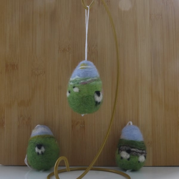 Set of three needle felted landscape easter egg hanging decorations