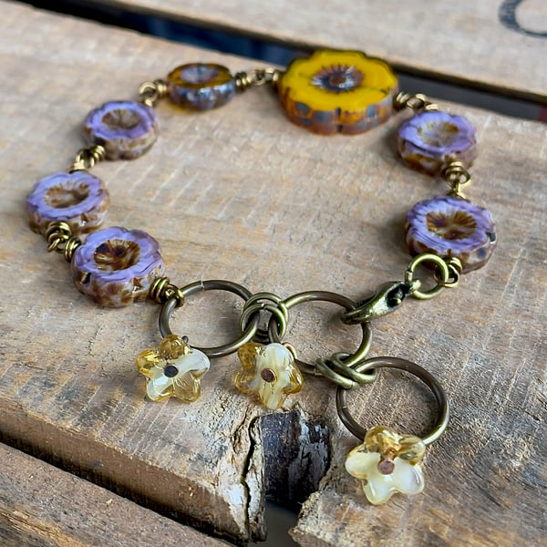 Purple & Yellow Czech Glass Flower Bracelet. Spring Inspired Floral Jewellery