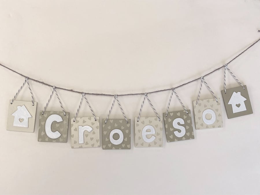 Croeso square wooden bunting hanging sign in olive green