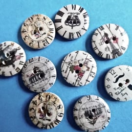 10 x Clock Wood Patterned Buttons  2 holes